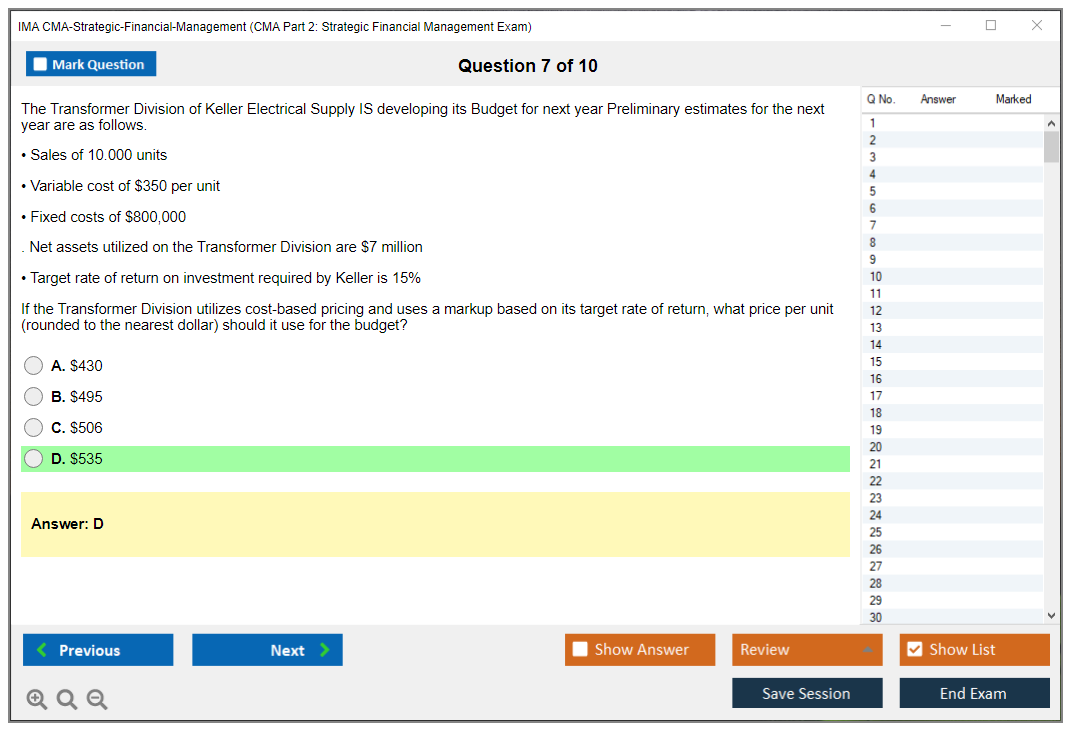 IMA CMA-Strategic-Financial-Management CMA Part 2: Strategic Financial Management Exam Practice test exam simulator test engine exam Prep practice test questions answers Image 7