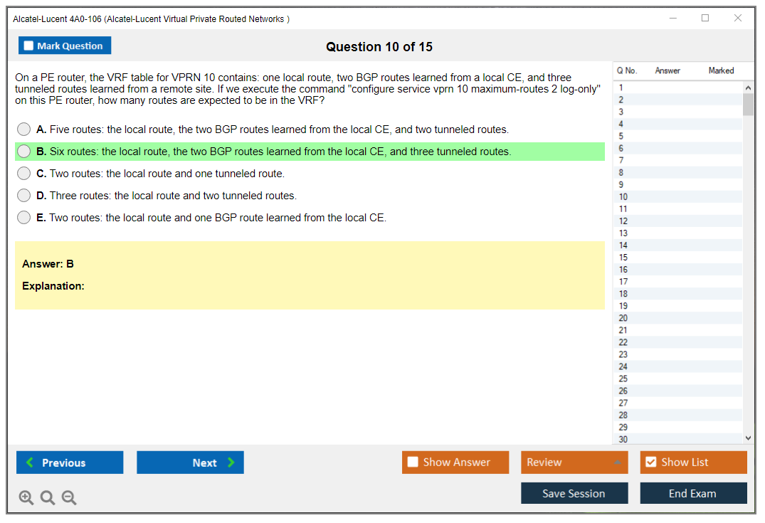 Alcatel-Lucent 4A0-106 Nokia Virtual Private Routed Networks Practice test exam simulator test engine exam dumps questions answers Image 10