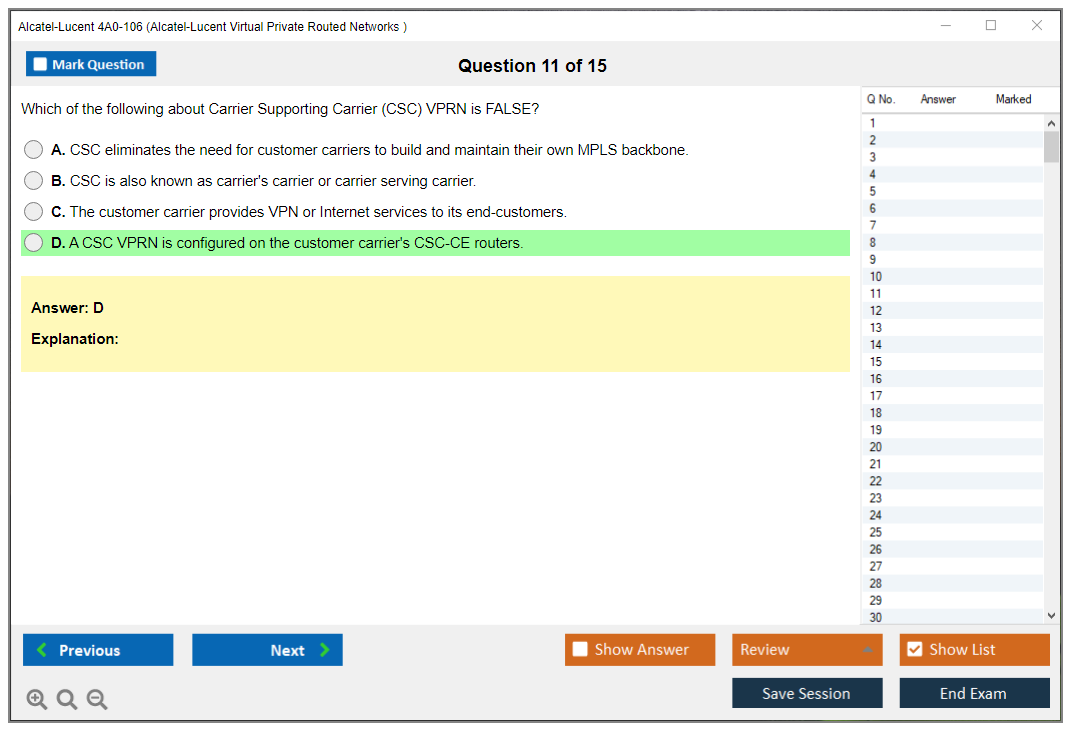 Alcatel-Lucent 4A0-106 Nokia Virtual Private Routed Networks Practice test exam simulator test engine exam dumps questions answers Image 11