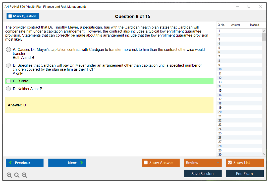 AHIP AHM-520 Health Plan Finance and Risk Management Practice test exam simulator test engine exam Prep practice test questions answers Image 9