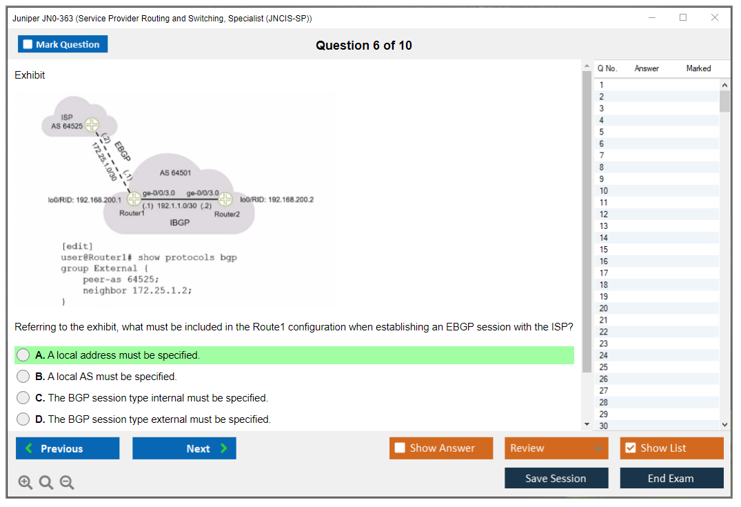 Juniper JN0-363 Service Provider Routing and Switching, Specialist (JNCIS-SP) Practice test exam simulator test engine exam dumps questions answers Image 6