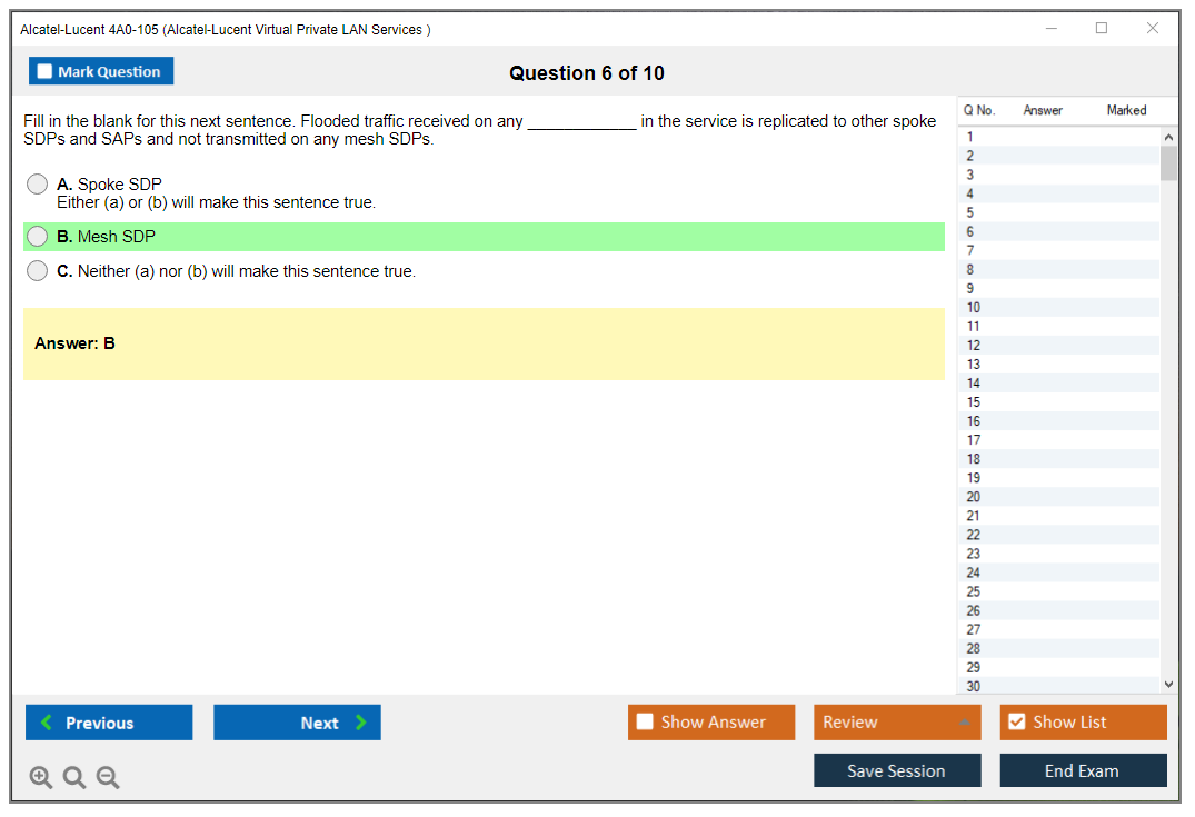 Alcatel-Lucent 4A0-105 Nokia Virtual Private LAN Services Practice test exam simulator test engine exam dumps questions answers Image 6