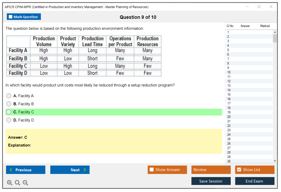 APICS CPIM-MPR Certified in Production and Inventory Management - Master Planning of Resources Practice test exam simulator test engine exam dumps questions answers Image 9