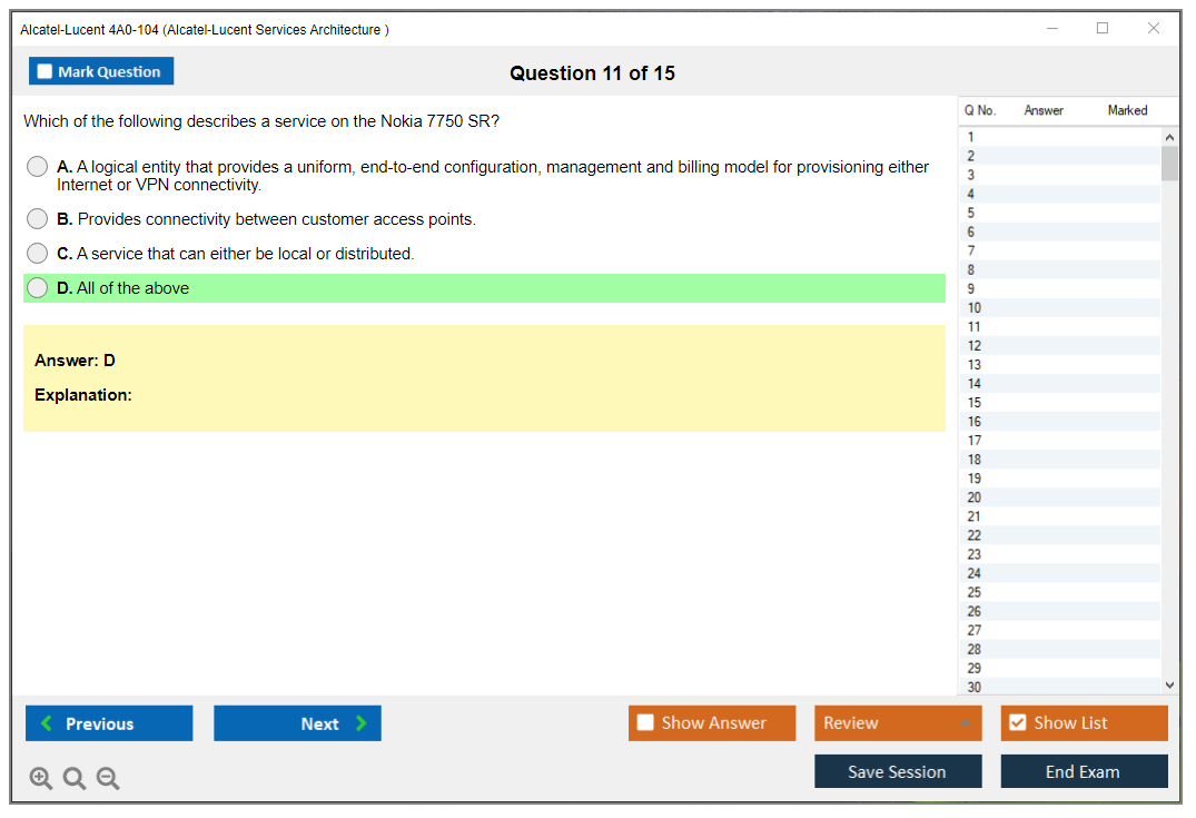 Alcatel-Lucent 4A0-104 Alcatel-Lucent Services Architecture Practice test exam simulator test engine exam dumps questions answers Image 11