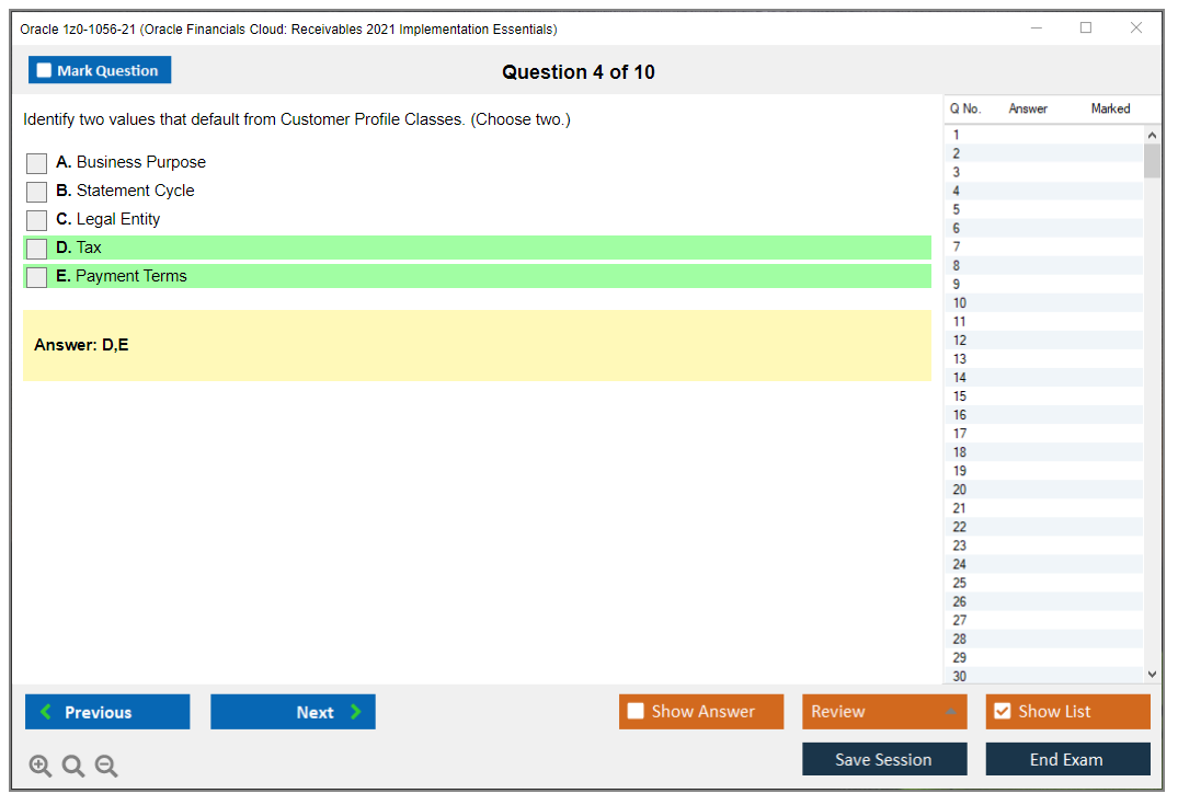 Oracle 1z0-1056-21 Oracle Financials Cloud: Receivables 2021 Implementation Essentials Practice test exam simulator test engine exam dumps questions answers Image 4