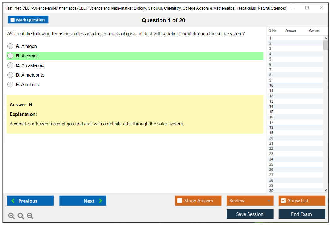 Test Prep CLEP-Science-and-Mathematics CLEP Science and Mathematics: Biology, Calculus, Chemistry, College Algebra & Mathematics, Precalculus, Natural Sciences Practice test exam simulator test engine exam Prep practice test questions answers Image 1