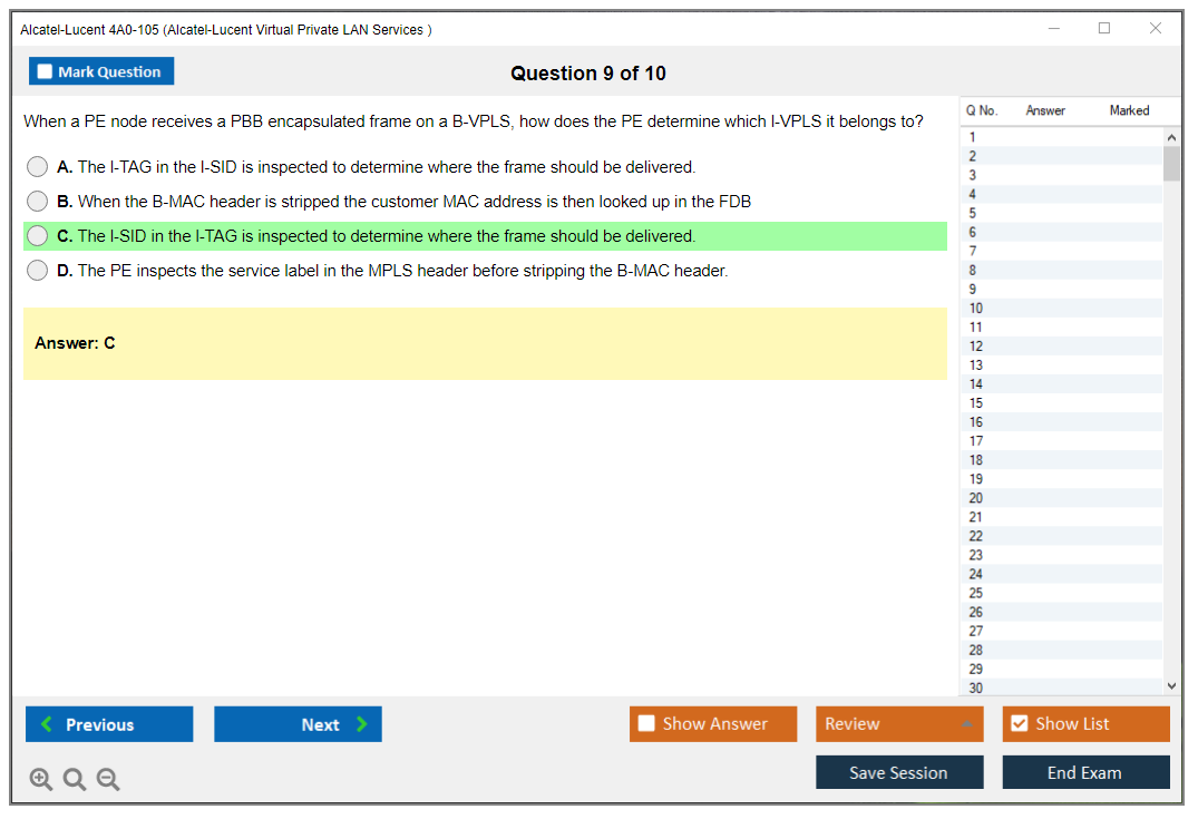Alcatel-Lucent 4A0-105 Nokia Virtual Private LAN Services Practice test exam simulator test engine exam dumps questions answers Image 9