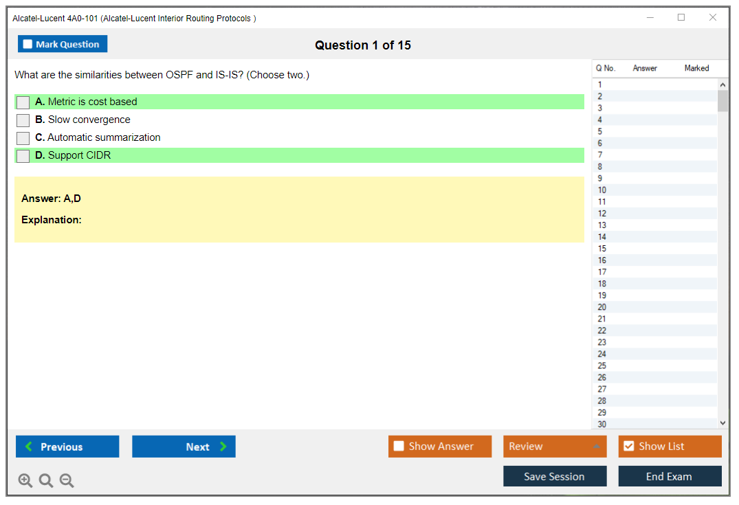 Alcatel-Lucent 4A0-101 Alcatel-Lucent Interior Routing Protocols and High Availability Practice test exam simulator test engine exam dumps questions answers Image 1