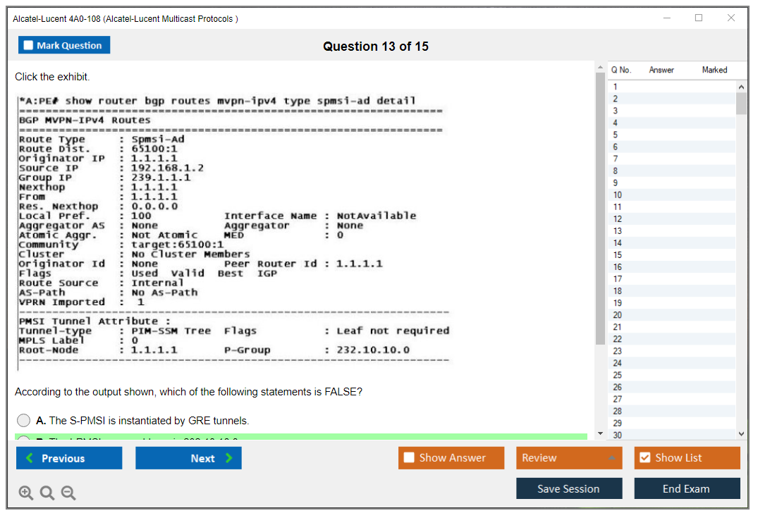 Alcatel-Lucent 4A0-108 Nokia Multicast Protocols Practice test exam simulator test engine exam dumps questions answers Image 13