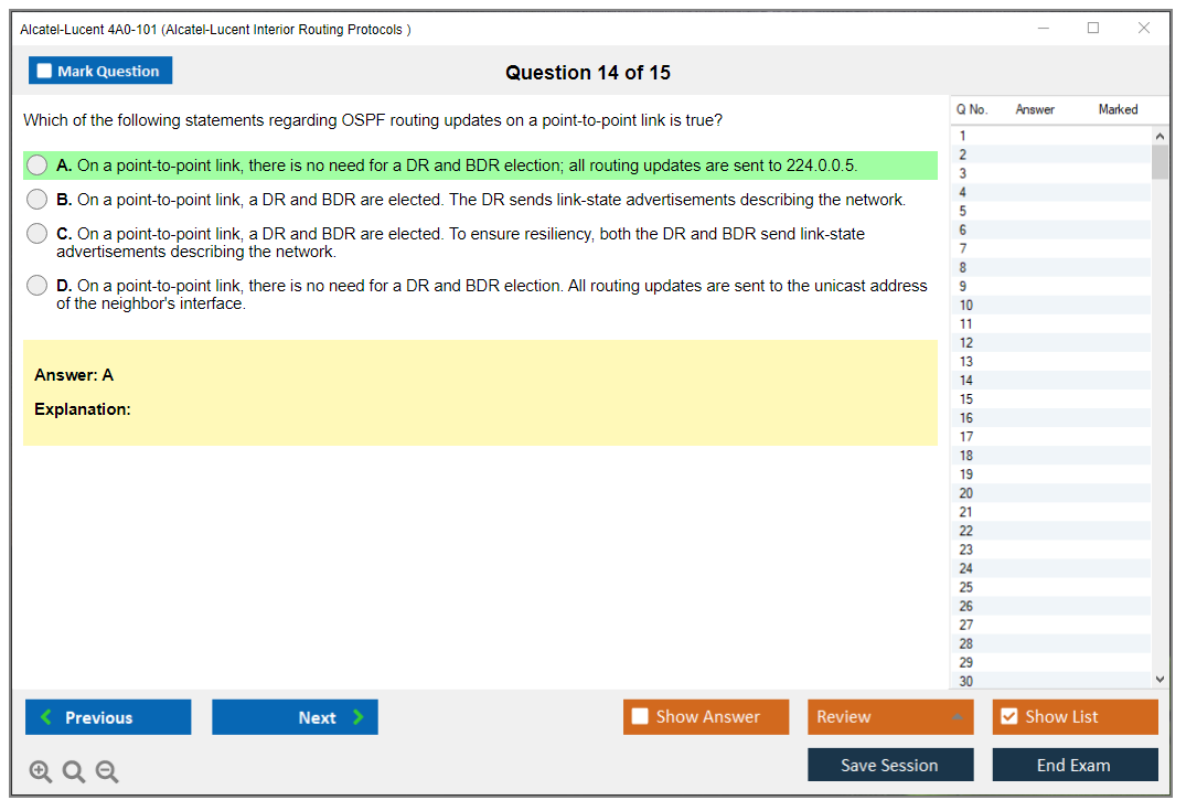 Alcatel-Lucent 4A0-101 Alcatel-Lucent Interior Routing Protocols and High Availability Practice test exam simulator test engine exam dumps questions answers Image 14