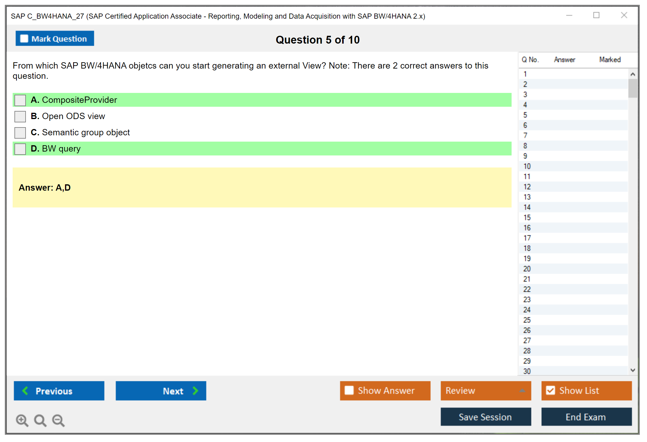 SAP C_BW4HANA_27 SAP Certified Associate - Reporting, Modeling and Data Acquisition with SAP BW/4HANA 2.x Practice test exam simulator test engine exam Prep practice test questions answers Image 5