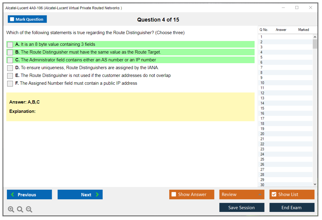 Alcatel-Lucent 4A0-106 Nokia Virtual Private Routed Networks Practice test exam simulator test engine exam dumps questions answers Image 4