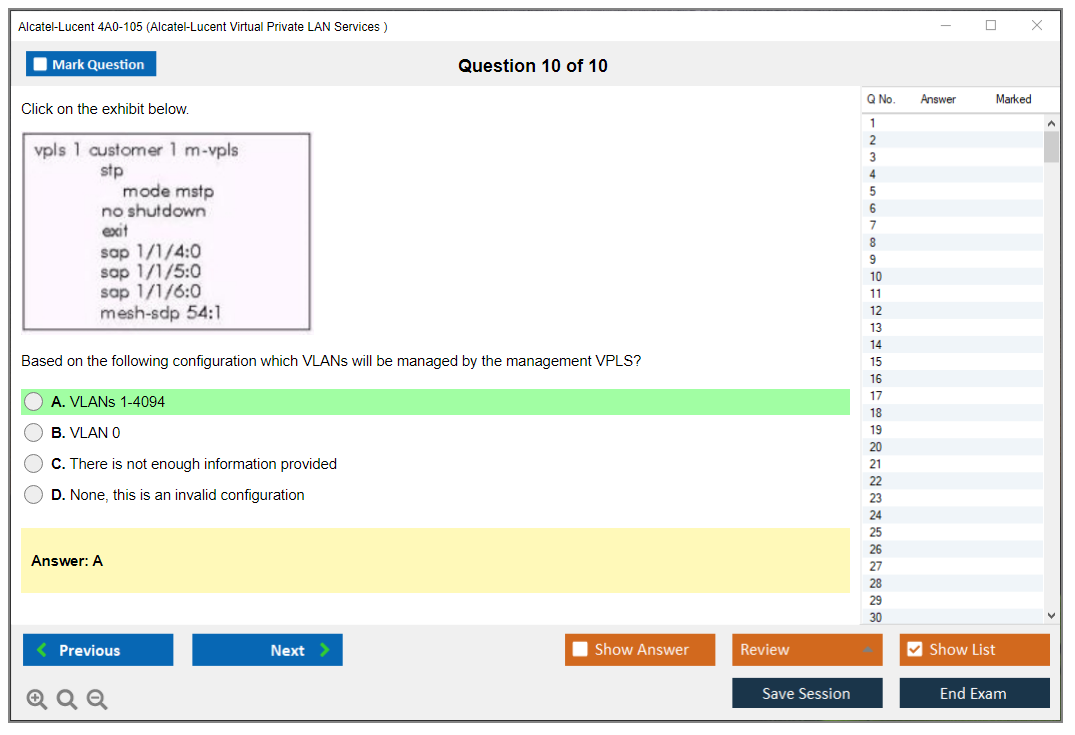 Alcatel-Lucent 4A0-105 Nokia Virtual Private LAN Services Practice test exam simulator test engine exam dumps questions answers Image 10