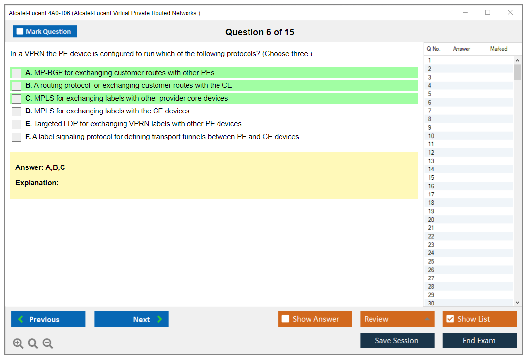 Alcatel-Lucent 4A0-106 Nokia Virtual Private Routed Networks Practice test exam simulator test engine exam dumps questions answers Image 6