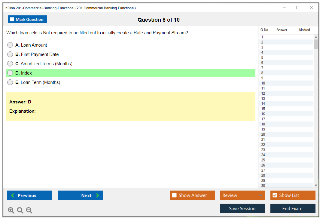 nCino 201-Commercial-Banking-Functional SalesforcenCino 201 Commercial Banking Functional Exam Practice test exam simulator test engine exam dumps questions answers Image 8
