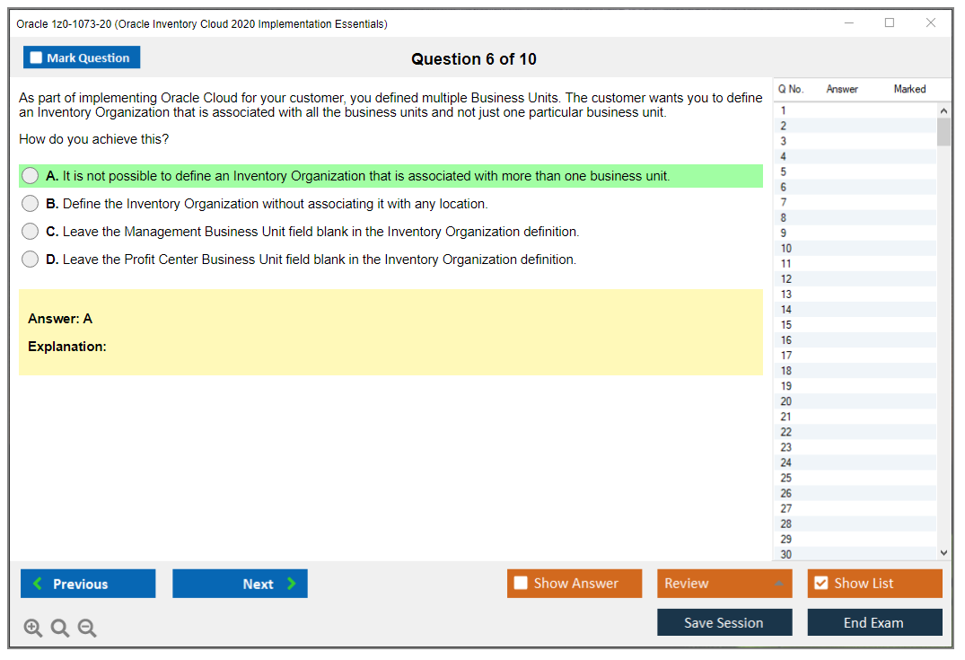 Oracle 1z0-1073-20 Oracle Inventory Cloud 2020 Implementation Essentials Practice test exam simulator test engine exam Prep practice test questions answers Image 6