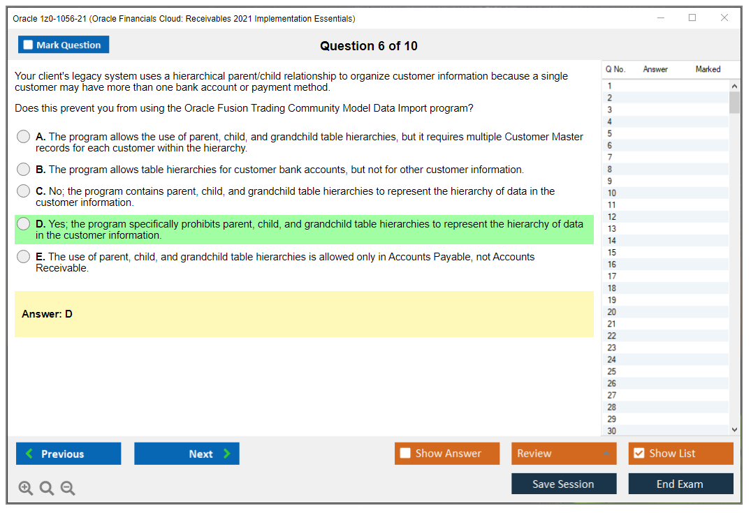 Oracle 1z0-1056-21 Oracle Financials Cloud: Receivables 2021 Implementation Essentials Practice test exam simulator test engine exam dumps questions answers Image 6
