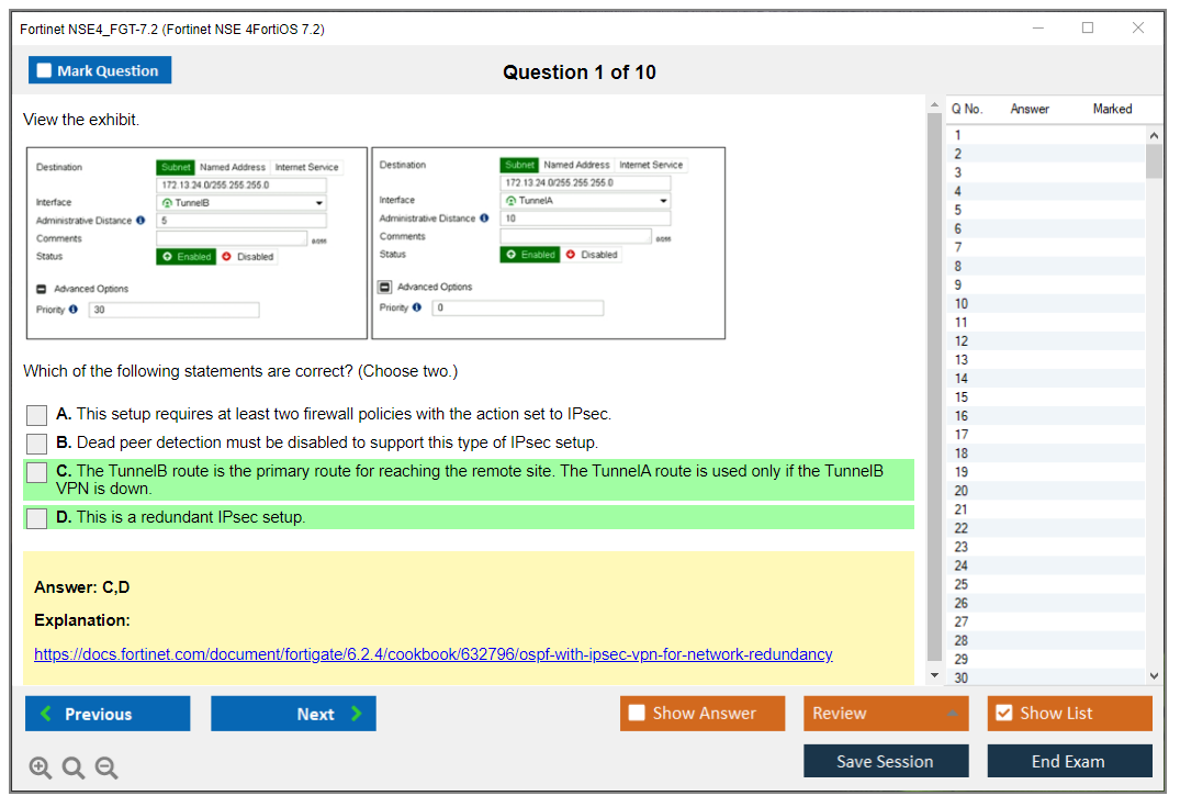 Fortinet NSE4_FGT-7.2 Fortinet NSE 4 - FortiOS 7.2 Practice test exam simulator test engine exam dumps questions answers Image 1