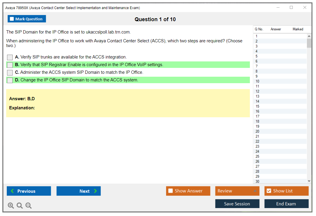Avaya 78950X Avaya Contact Center Select Implementation and Maintenance Exam Practice test exam simulator test engine exam dumps questions answers Image 1