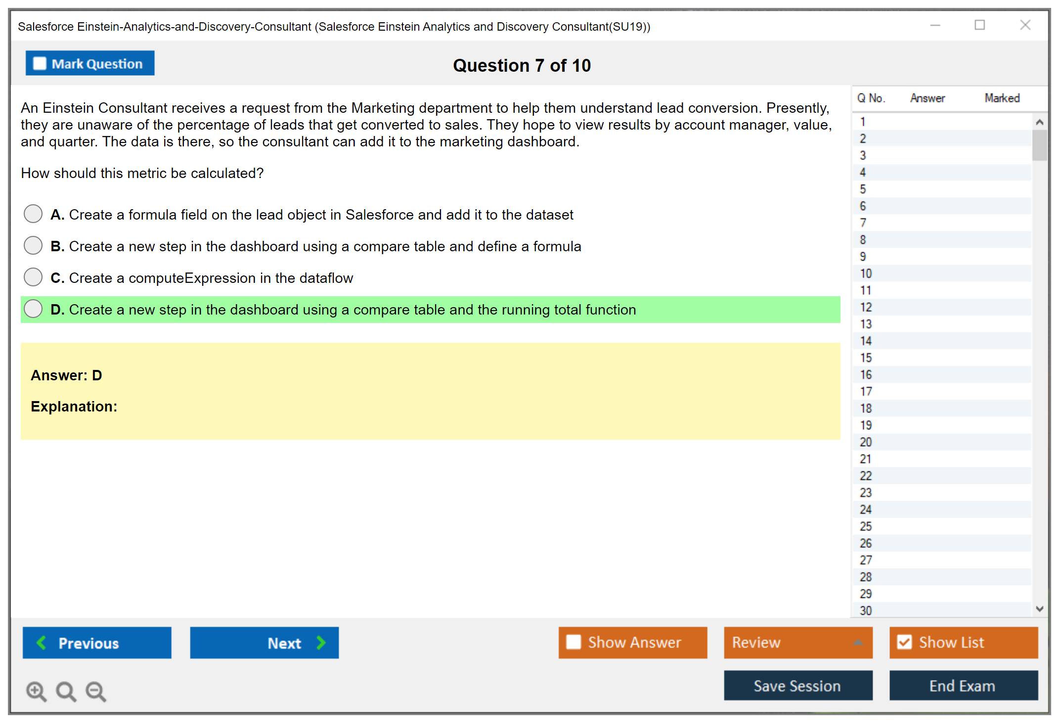 Salesforce Einstein-Analytics-and-Discovery-Consultant Salesforce Einstein Analytics and Discovery Consultant Practice test exam simulator test engine exam dumps questions answers Image 7