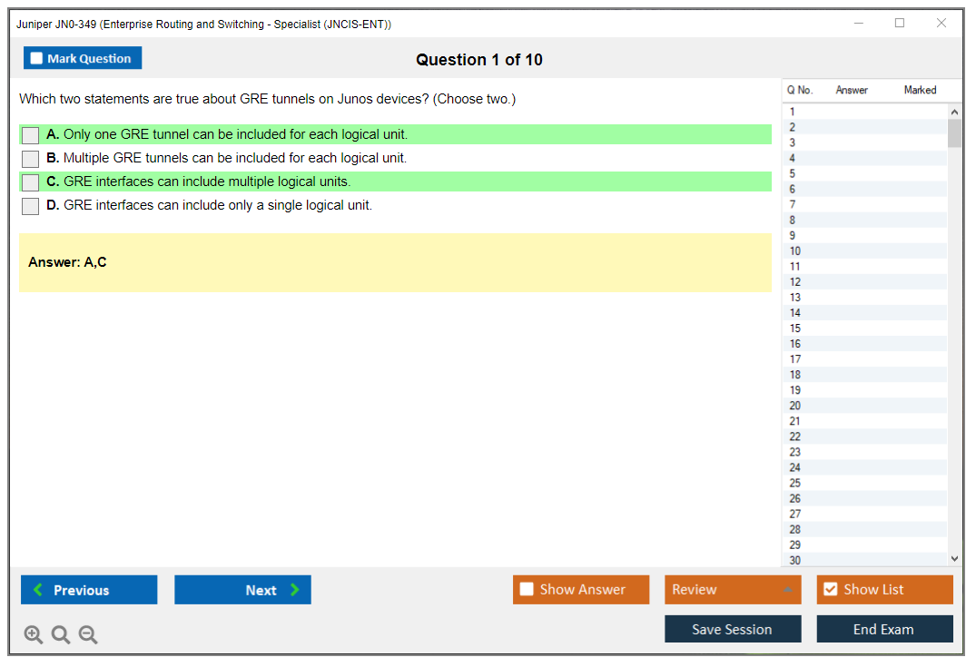 Juniper JN0-349 Enterprise Routing and Switching - Specialist (JNCIS-ENT) Practice test exam simulator test engine exam dumps questions answers Image 1